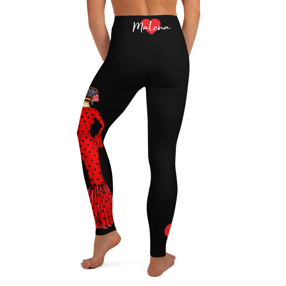 Flamenco Dancer Leggings, black high waisted yoga leggings with brunette dancer in a red dress and red heart design - IllustrArte