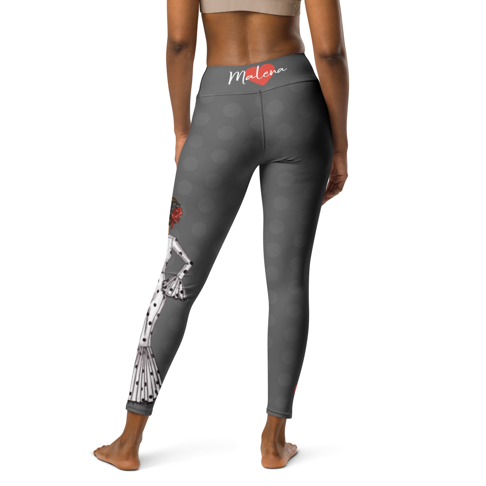 Flamenco Dancer Leggings, gray high waisted yoga leggings with a white dress and black polka dots design. - IllustrArte