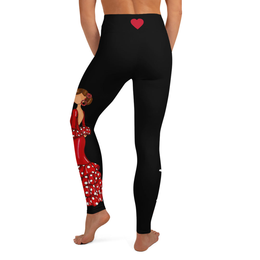 Flamenco Dancer Leggings, black high waisted yoga leggings with a red dress and a hand fan design - IllustrArte