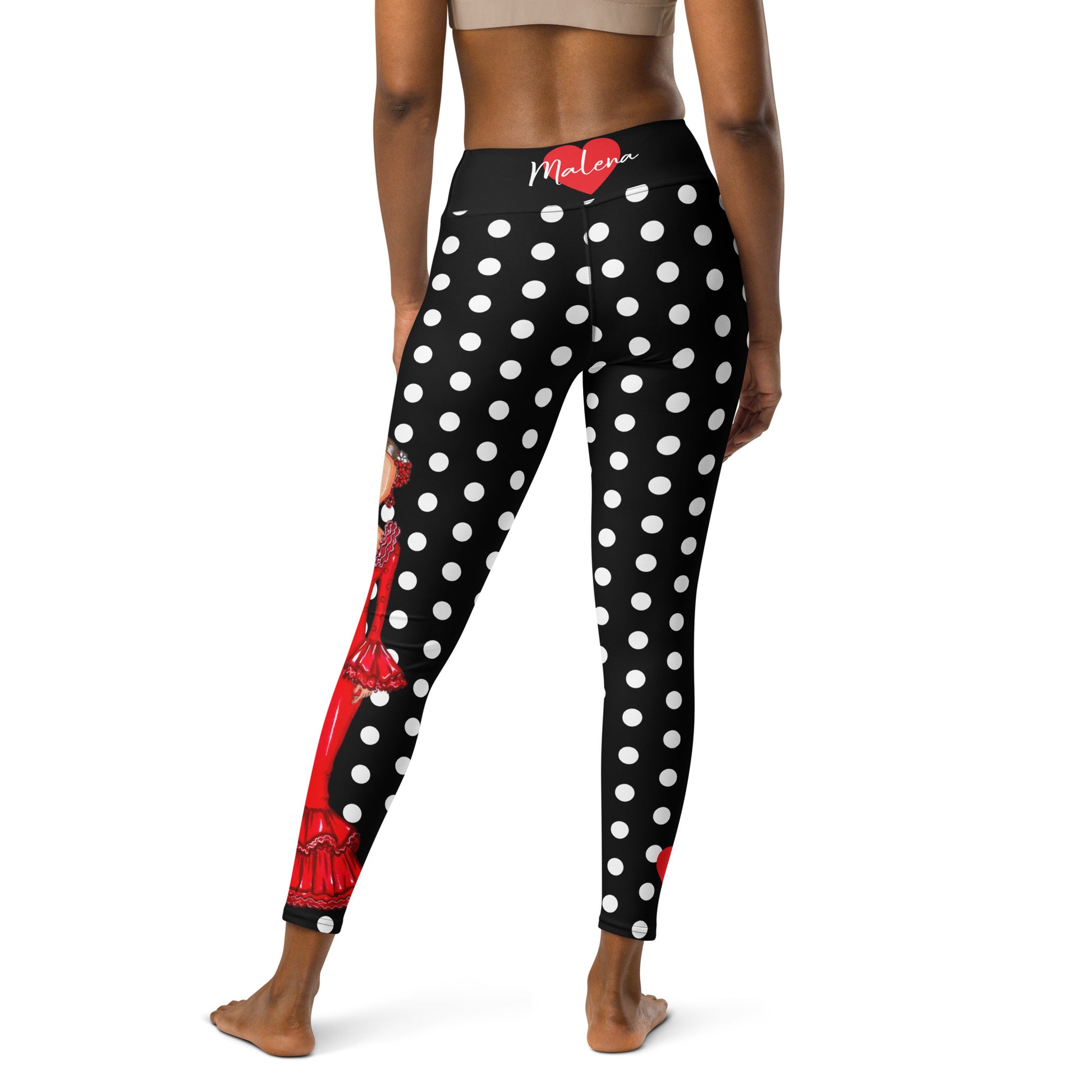 Flamenco Dancer Leggings, black with white polka dots high waisted yoga leggings with a red dress design - IllustrArte