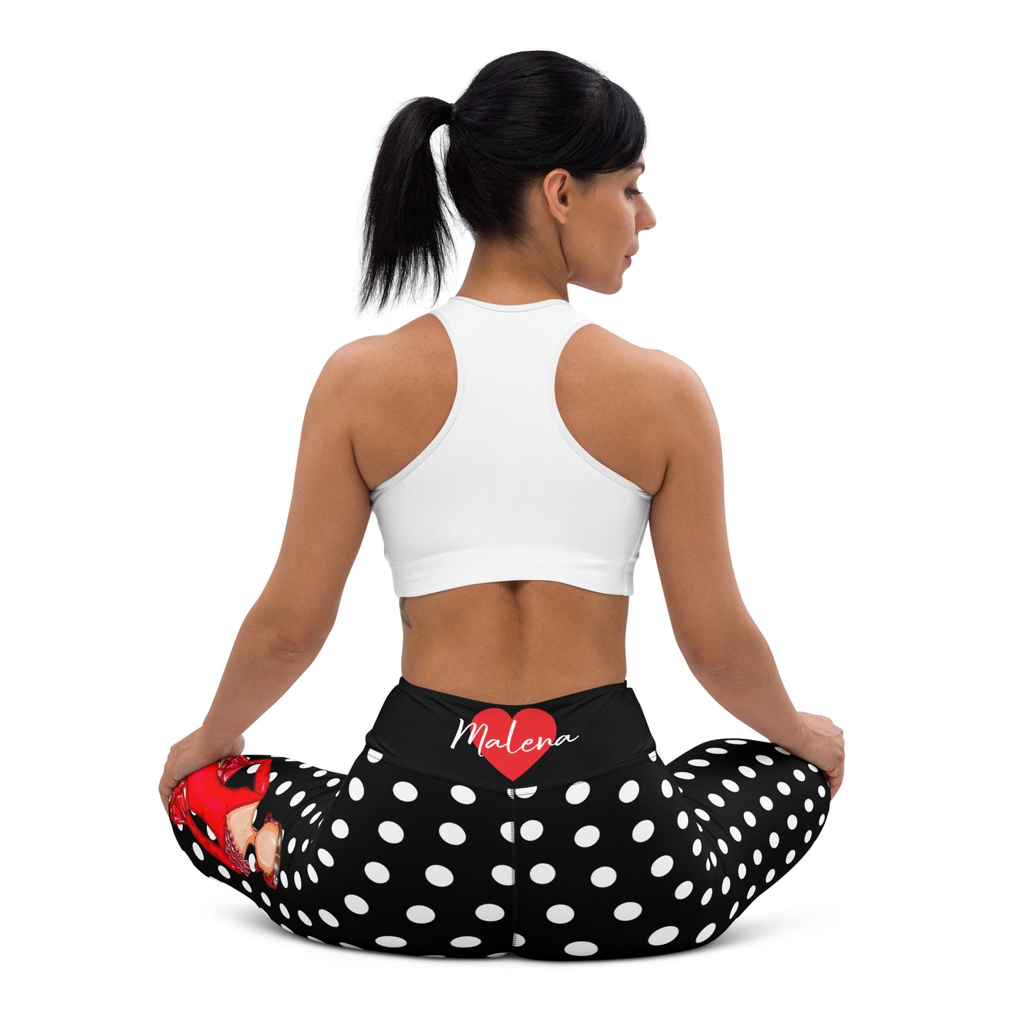 Flamenco Dancer Leggings, black with white polka dots high waisted yoga leggings with a red dress design - IllustrArte