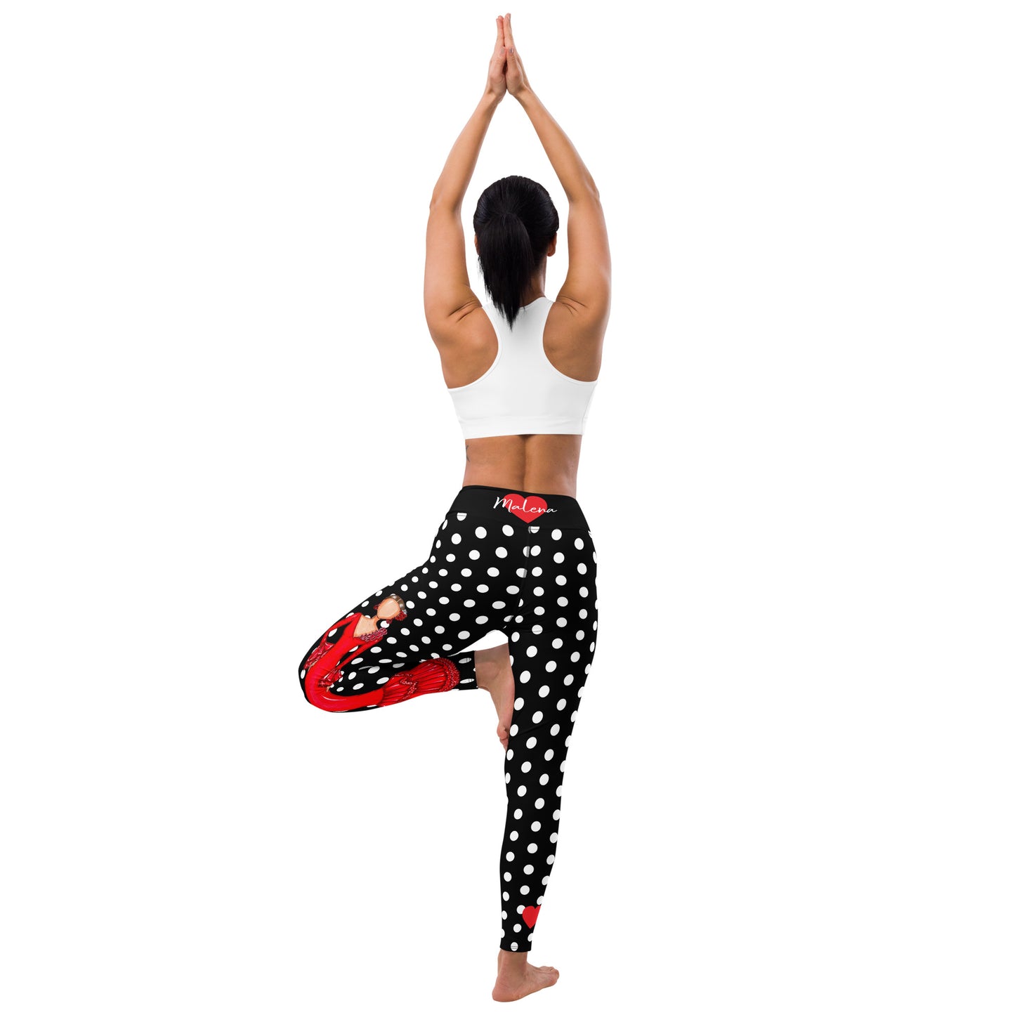 Flamenco Dancer Leggings, black with white polka dots high waisted yoga leggings with a red dress design - IllustrArte