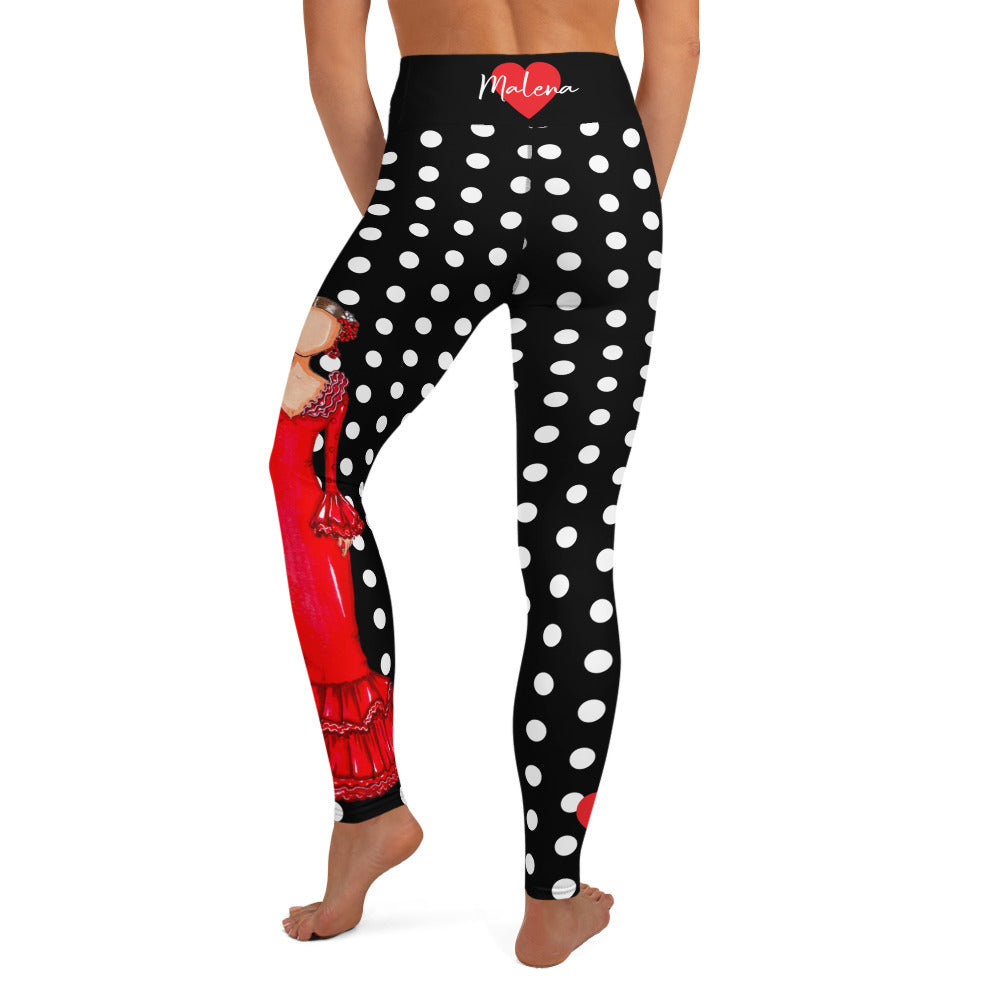 Flamenco Dancer Leggings, black with white polka dots high waisted yoga leggings with a red dress design - IllustrArte