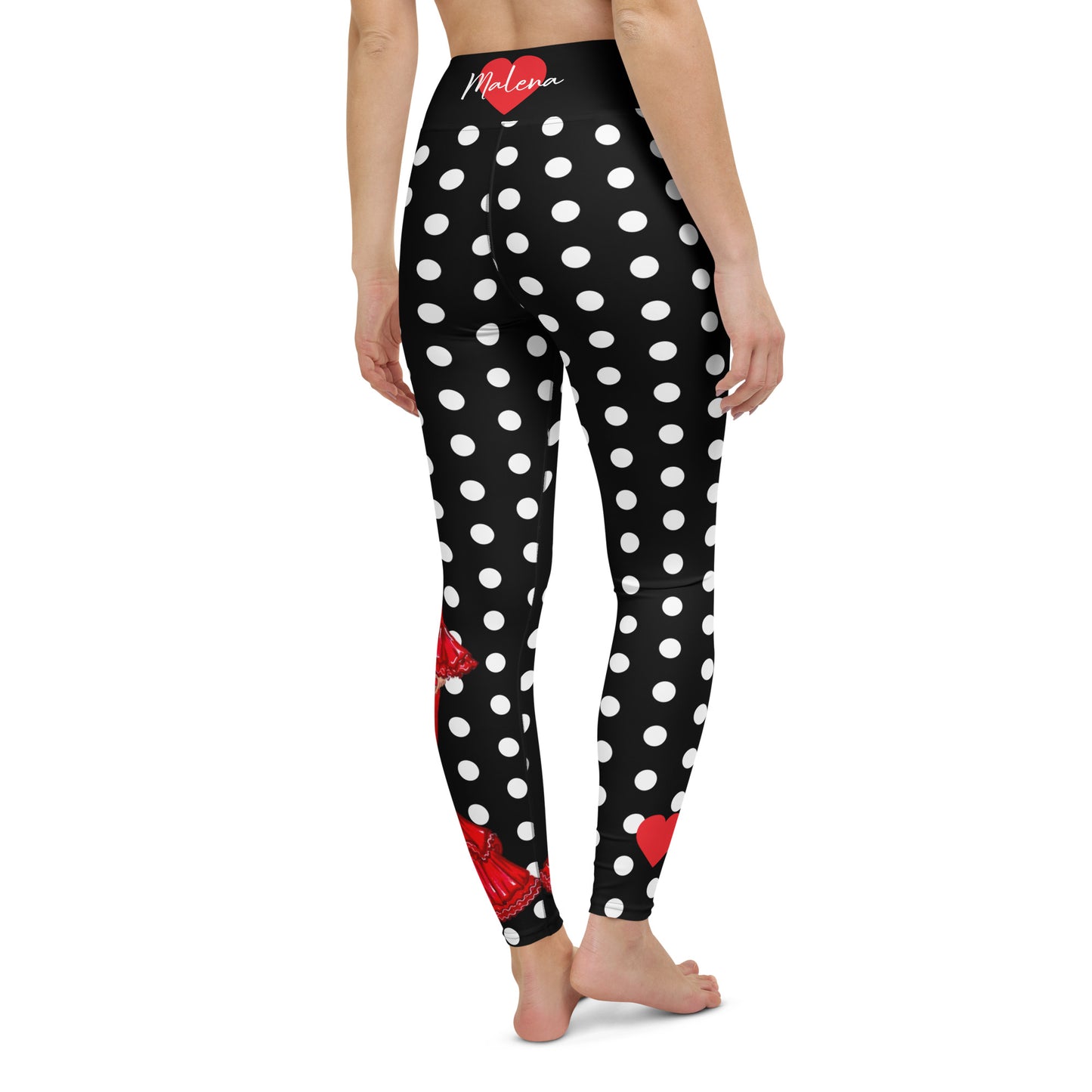 Flamenco Dancer Leggings, black with white polka dots high waisted yoga leggings with a red dress design - IllustrArte