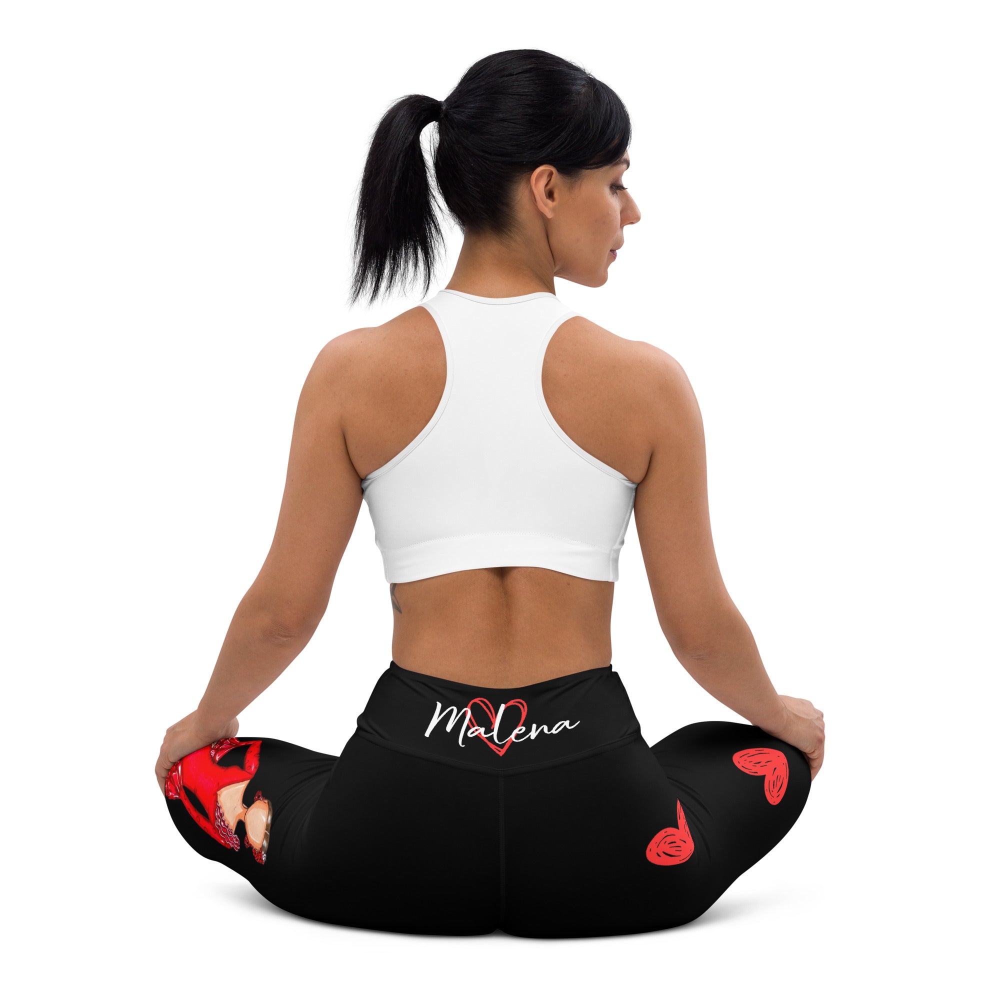 Flamenco Dancer Leggings, black high waisted yoga leggings with a red dress design - IllustrArte