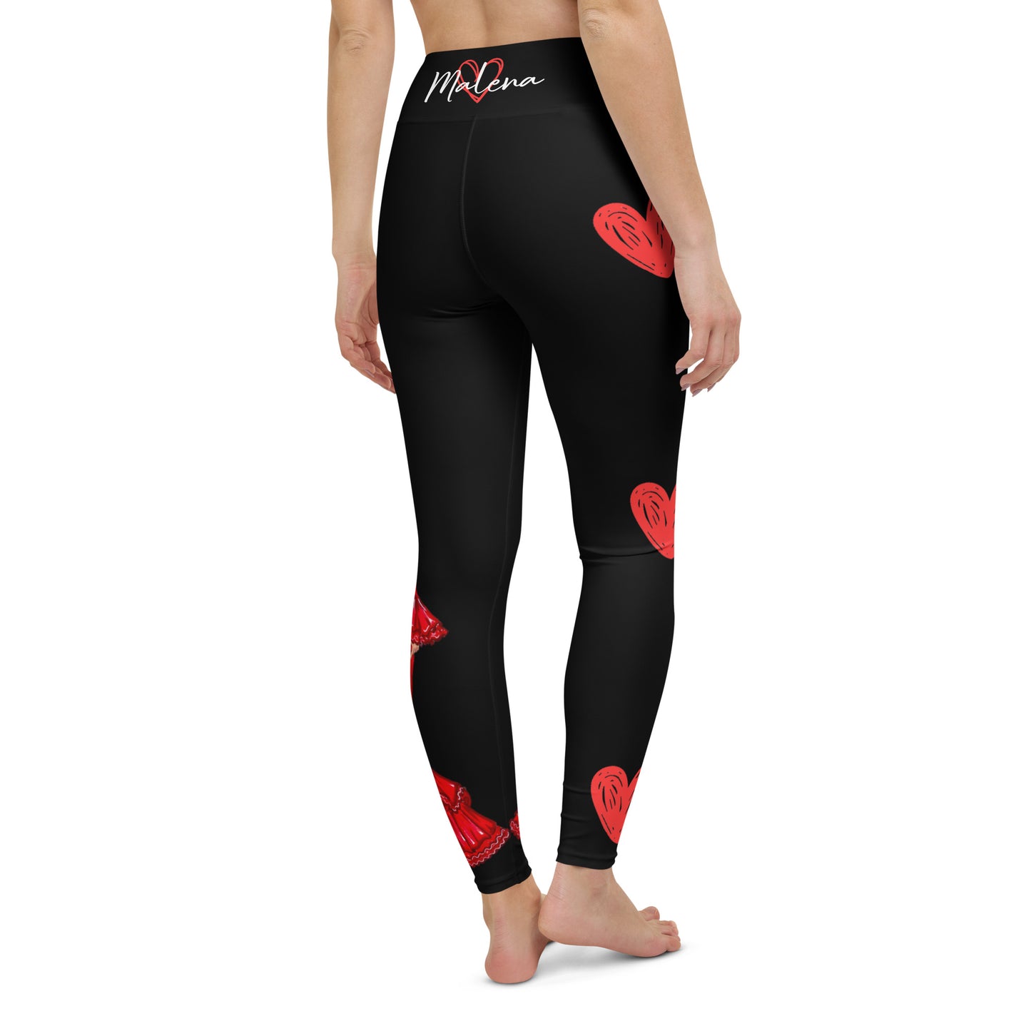 Flamenco Dancer Leggings, black high waisted yoga leggings with a red dress design - IllustrArte