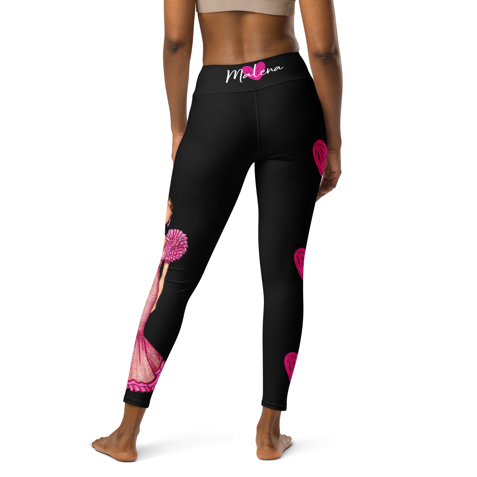 Flamenco Dancer Leggings, black high waisted yoga leggings with a pink dress and pink hearts design - IllustrArte