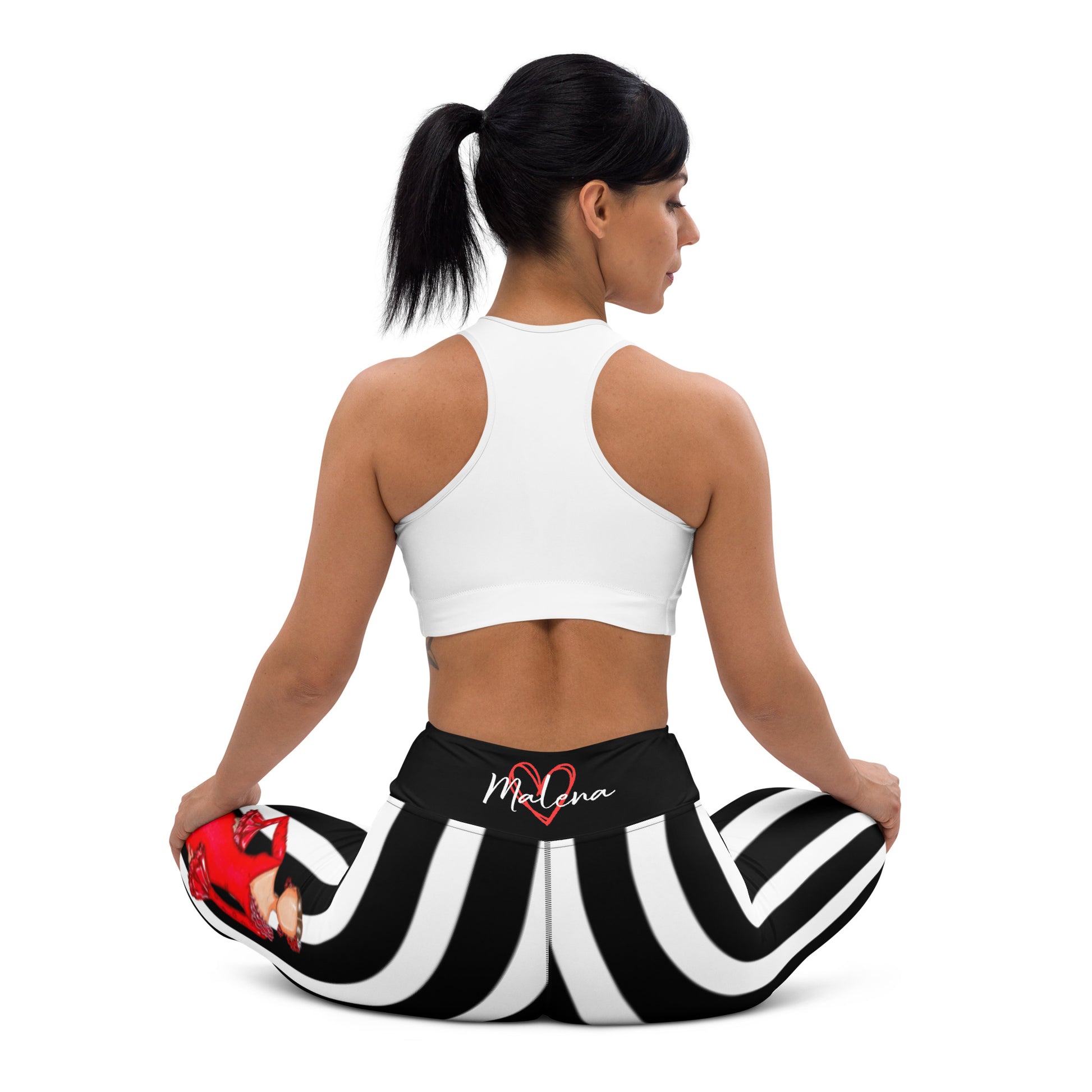 Flamenco Dancer Leggings, black and white striped high waisted yoga leggings with a red dress design - IllustrArte