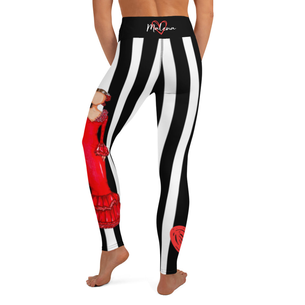 Flamenco Dancer Leggings, black and white striped high waisted yoga leggings with a red dress design - IllustrArte