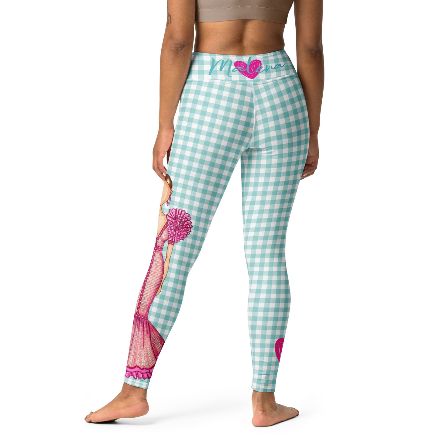 Flamenco Dancer Leggings, green gingham check high waisted yoga leggings with a pink dress design - IllustrArte