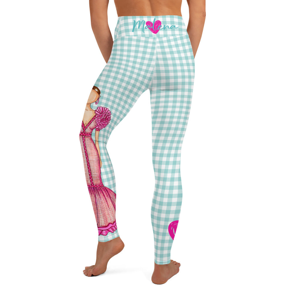 Flamenco Dancer Leggings, green gingham check high waisted yoga leggings with a pink dress design - IllustrArte