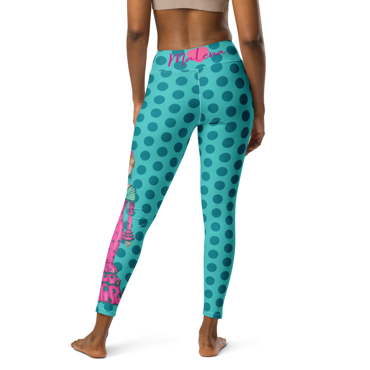 Flamenco Dancer Leggings, turquoise with green polka dots high waisted yoga leggings with a pink dress and green shawl - IllustrArte