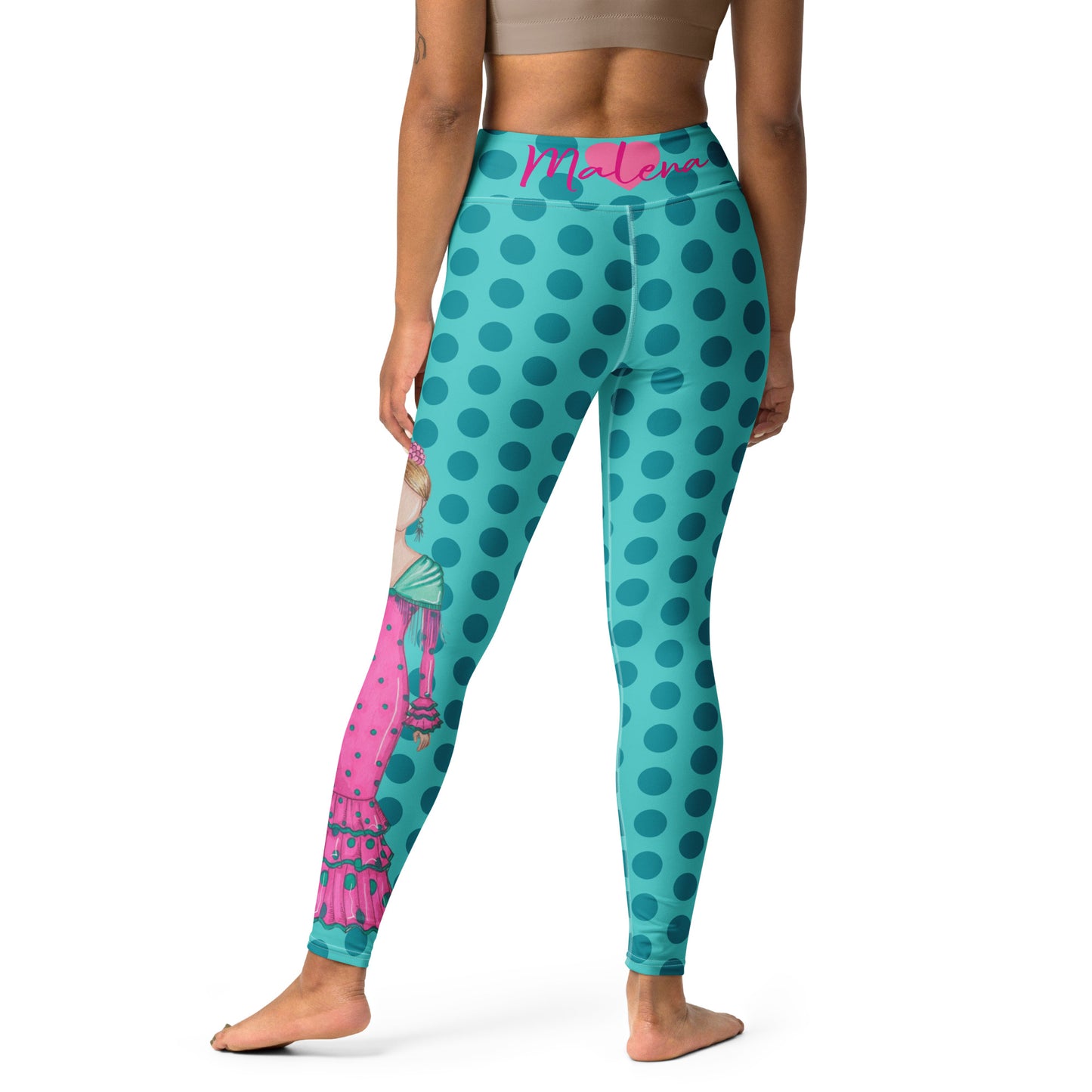 Flamenco Dancer Leggings, turquoise with green polka dots high waisted yoga leggings with a pink dress and green shawl - IllustrArte