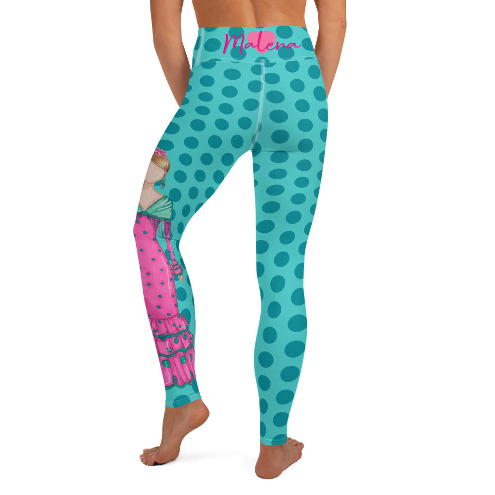 Flamenco Dancer Leggings, turquoise with green polka dots high waisted yoga leggings with a pink dress and green shawl - IllustrArte