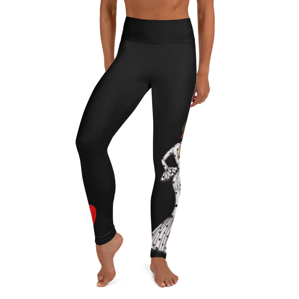 Flamenco Dancer Leggings, black high waisted yoga leggings with a flamenco dancer in a white dress. - IllustrArte