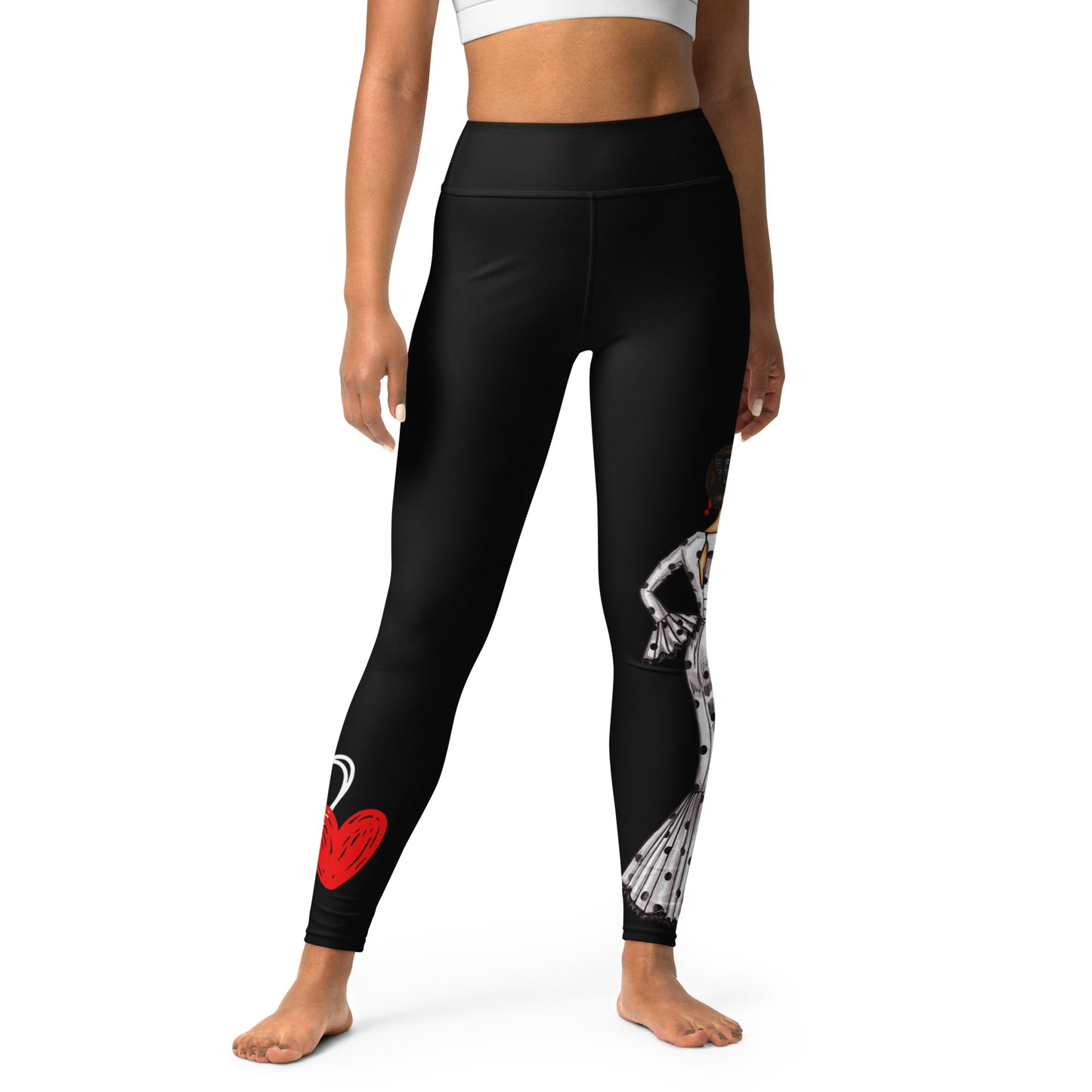 Flamenco Dancer Leggings, black high waisted yoga leggings with a flamenco dancer in a white dress. - IllustrArte