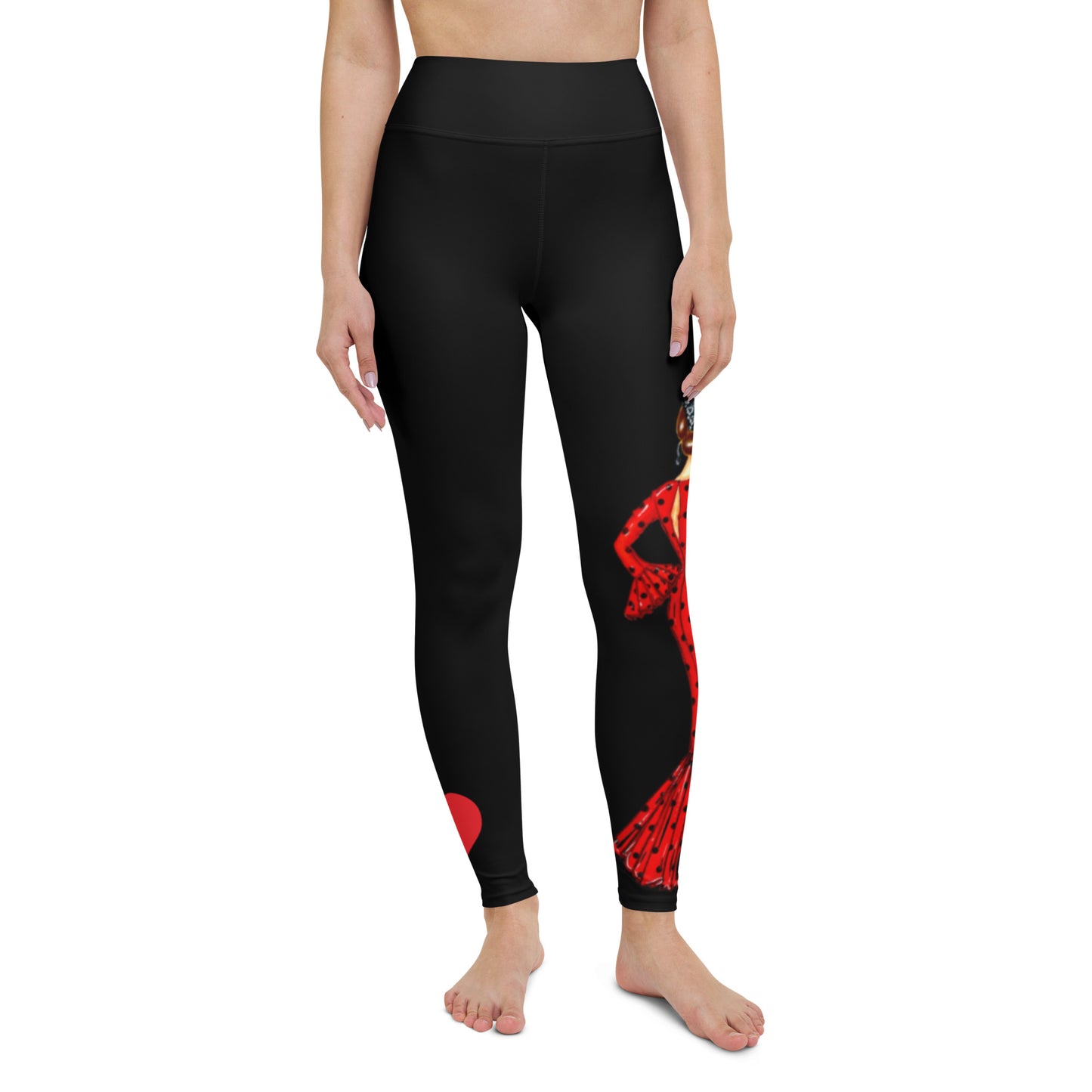 Flamenco Dancer Leggings, black high waisted yoga leggings with brunette dancer in a red dress and red heart design - IllustrArte