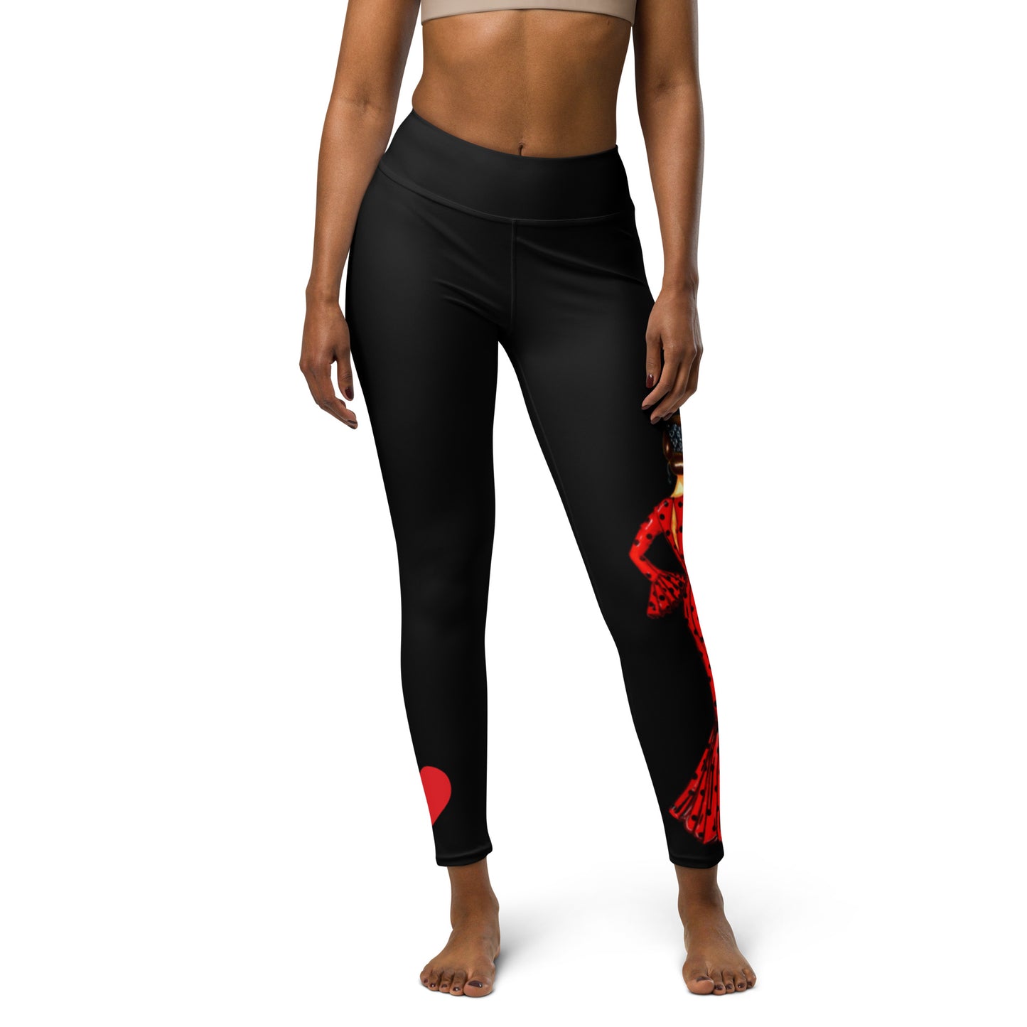 Flamenco Dancer Leggings, black high waisted yoga leggings with brunette dancer in a red dress and red heart design - IllustrArte