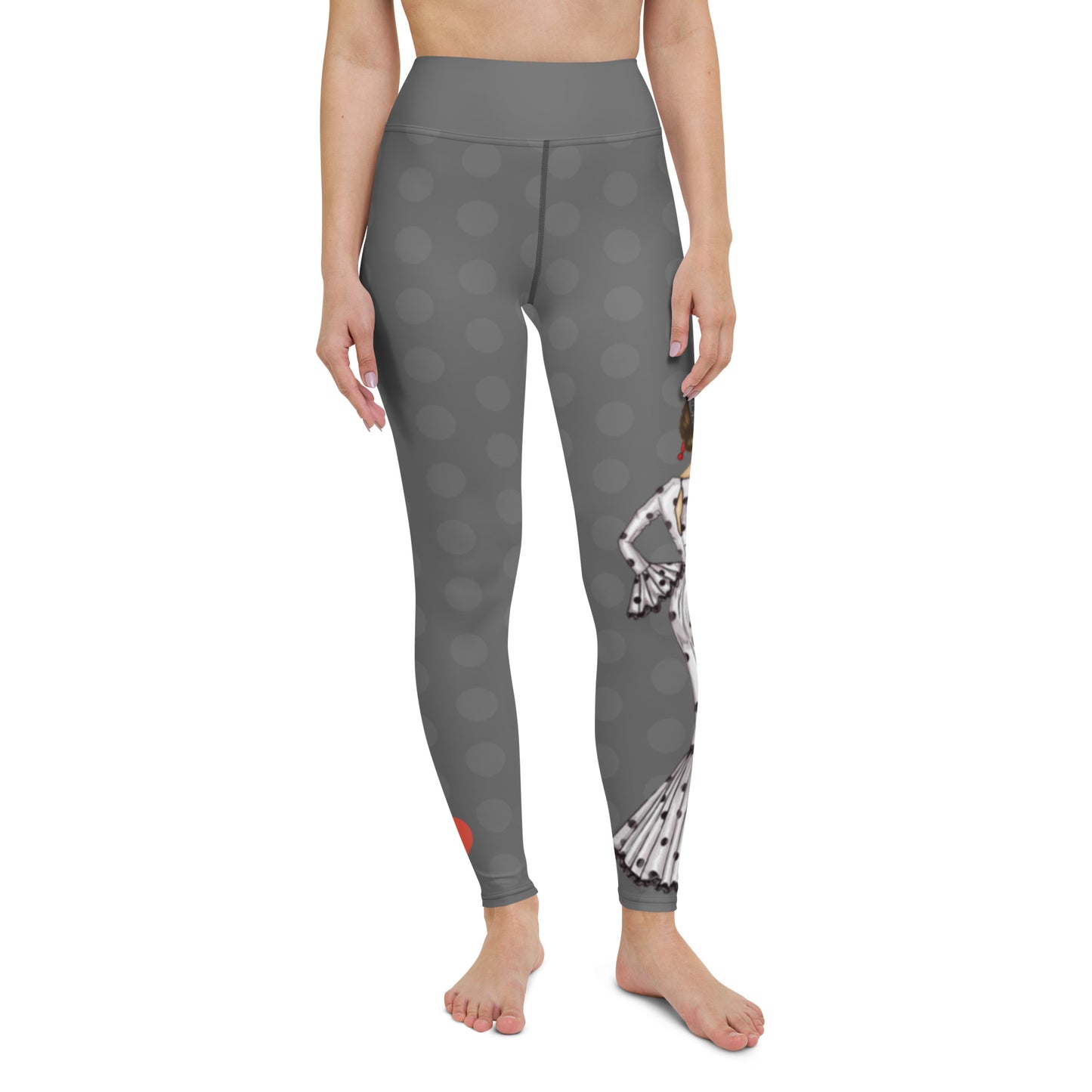 Flamenco Dancer Leggings, gray high waisted yoga leggings with a white dress and black polka dots design. - IllustrArte