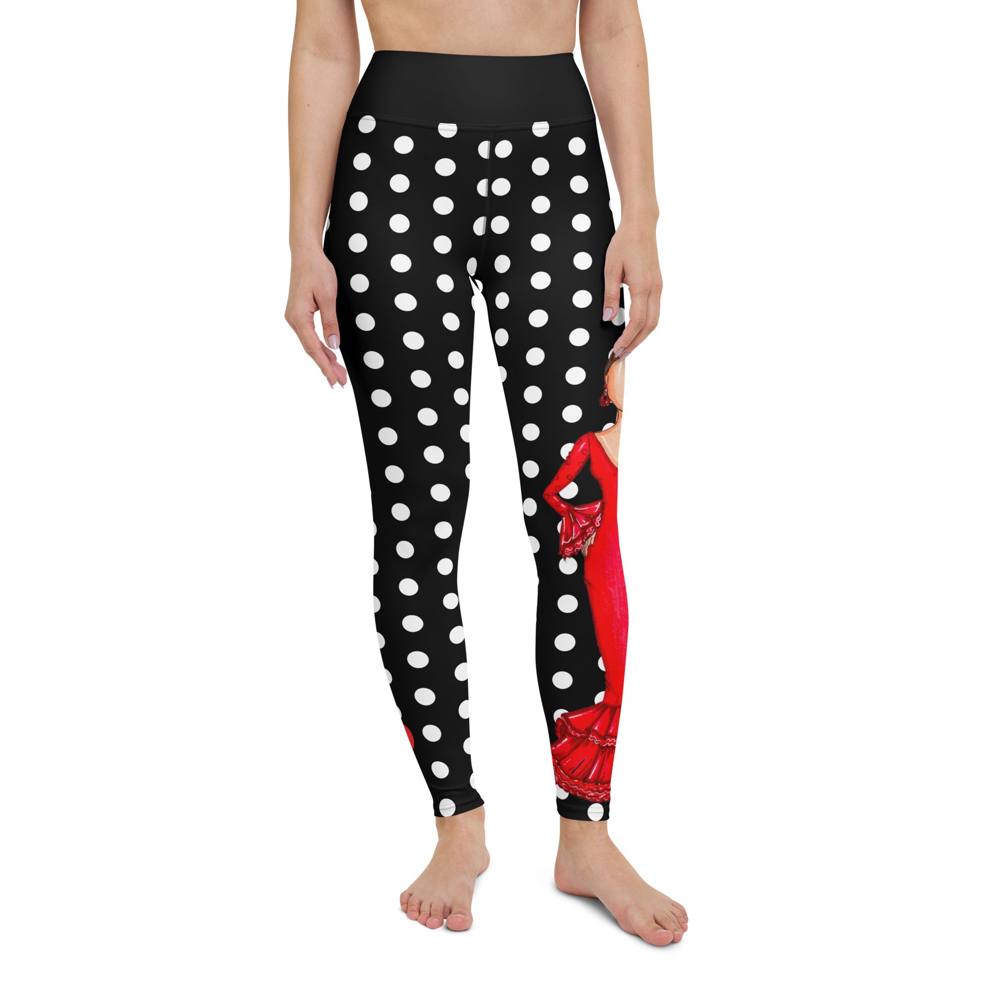 Flamenco Dancer Leggings, black with white polka dots high waisted yoga leggings with a red dress design - IllustrArte