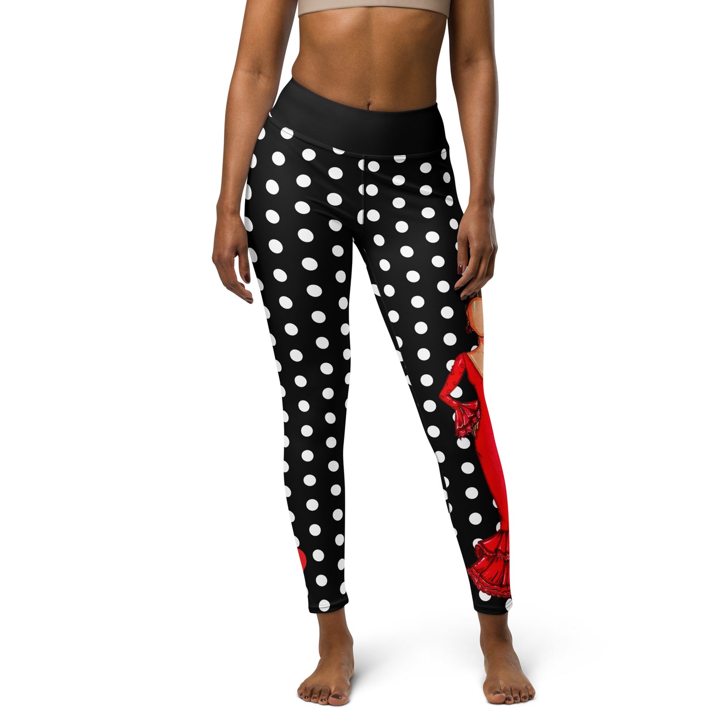 Flamenco Dancer Leggings, black with white polka dots high waisted yoga leggings with a red dress design - IllustrArte