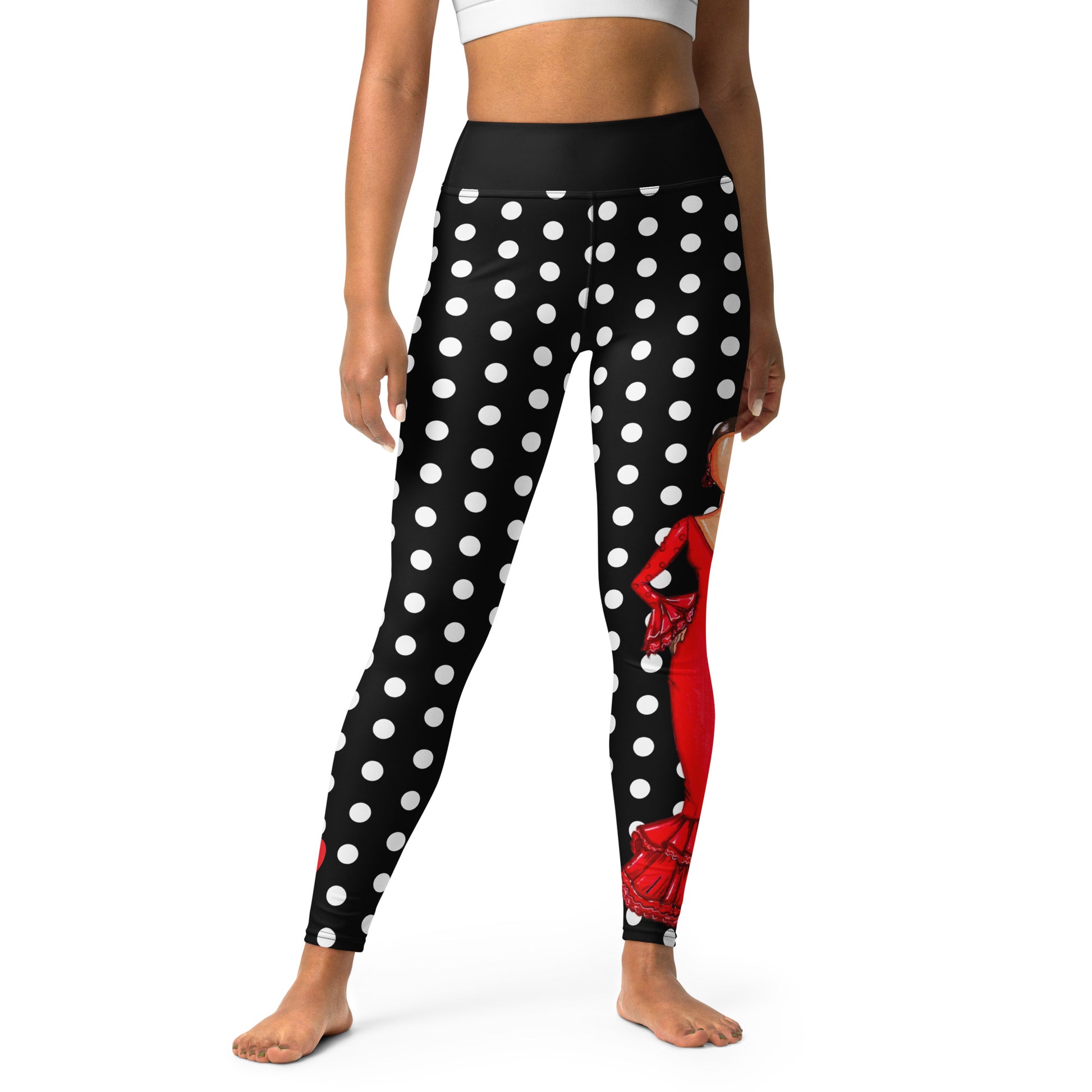 Flamenco Dancer Leggings, black with white polka dots high waisted yoga leggings with a red dress design - IllustrArte