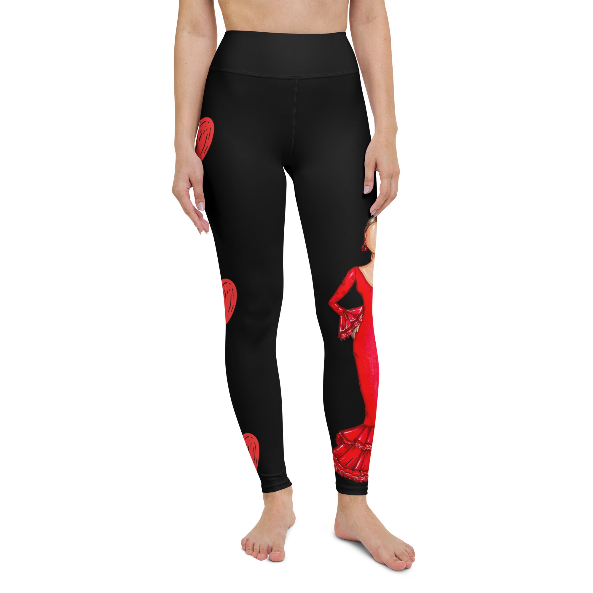 Flamenco Dancer Leggings, black high waisted yoga leggings with a red dress design - IllustrArte