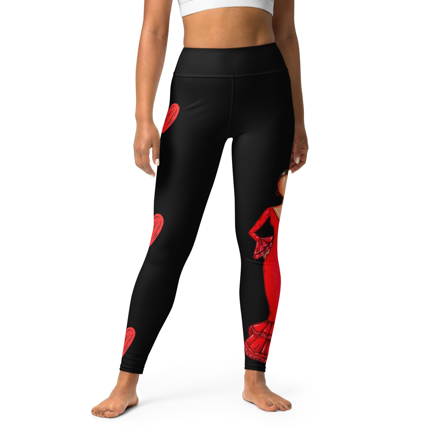 Flamenco Dancer Leggings, black high waisted yoga leggings with a red dress design - IllustrArte