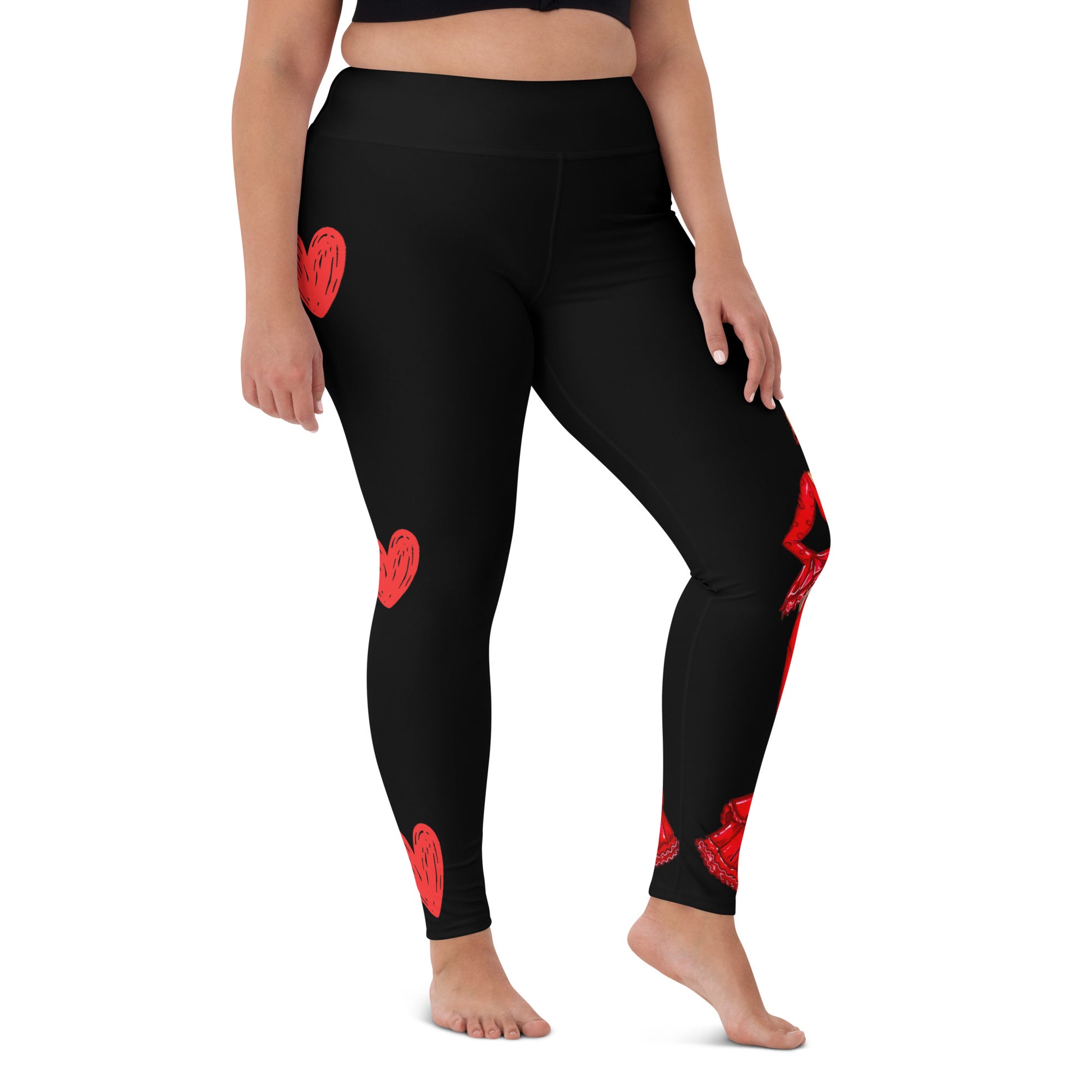 Flamenco Dancer Leggings, black high waisted yoga leggings with a red dress design - IllustrArte