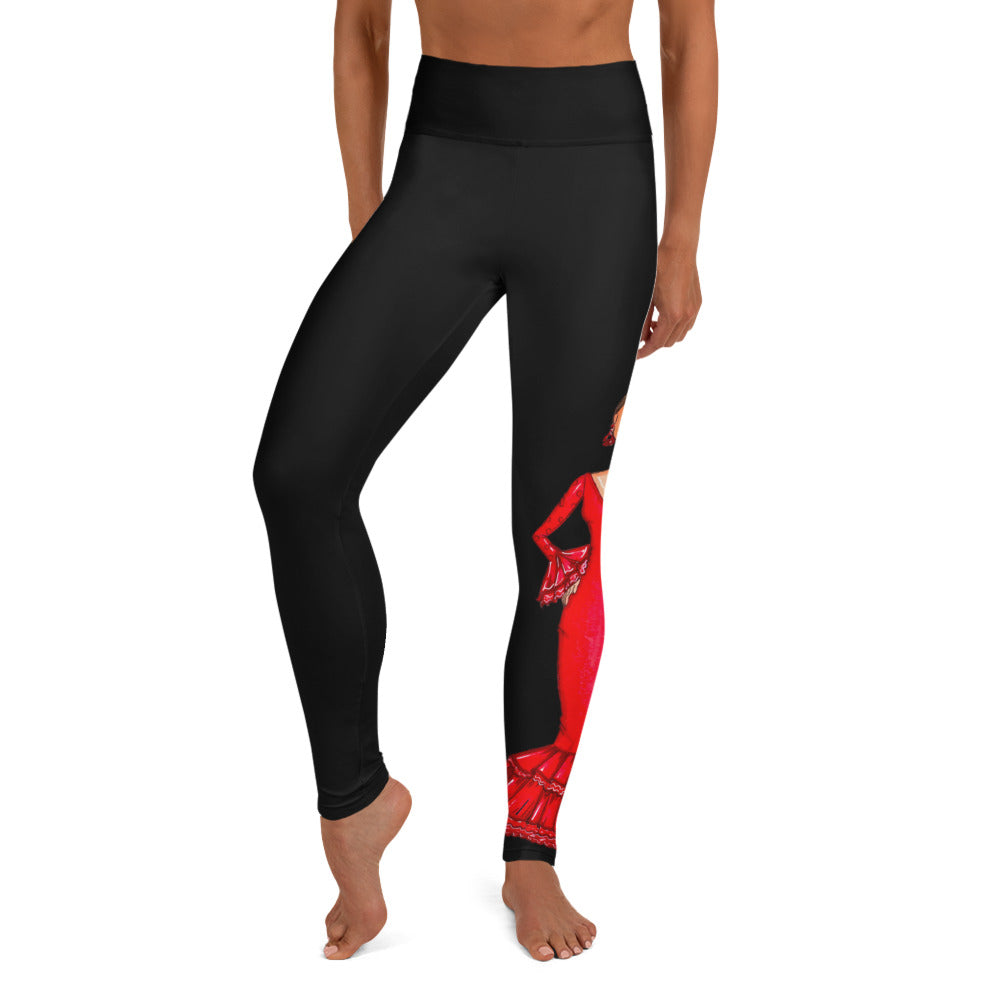 Flamenco Dancer Leggings, black high waisted yoga leggings with a red dress design - IllustrArte