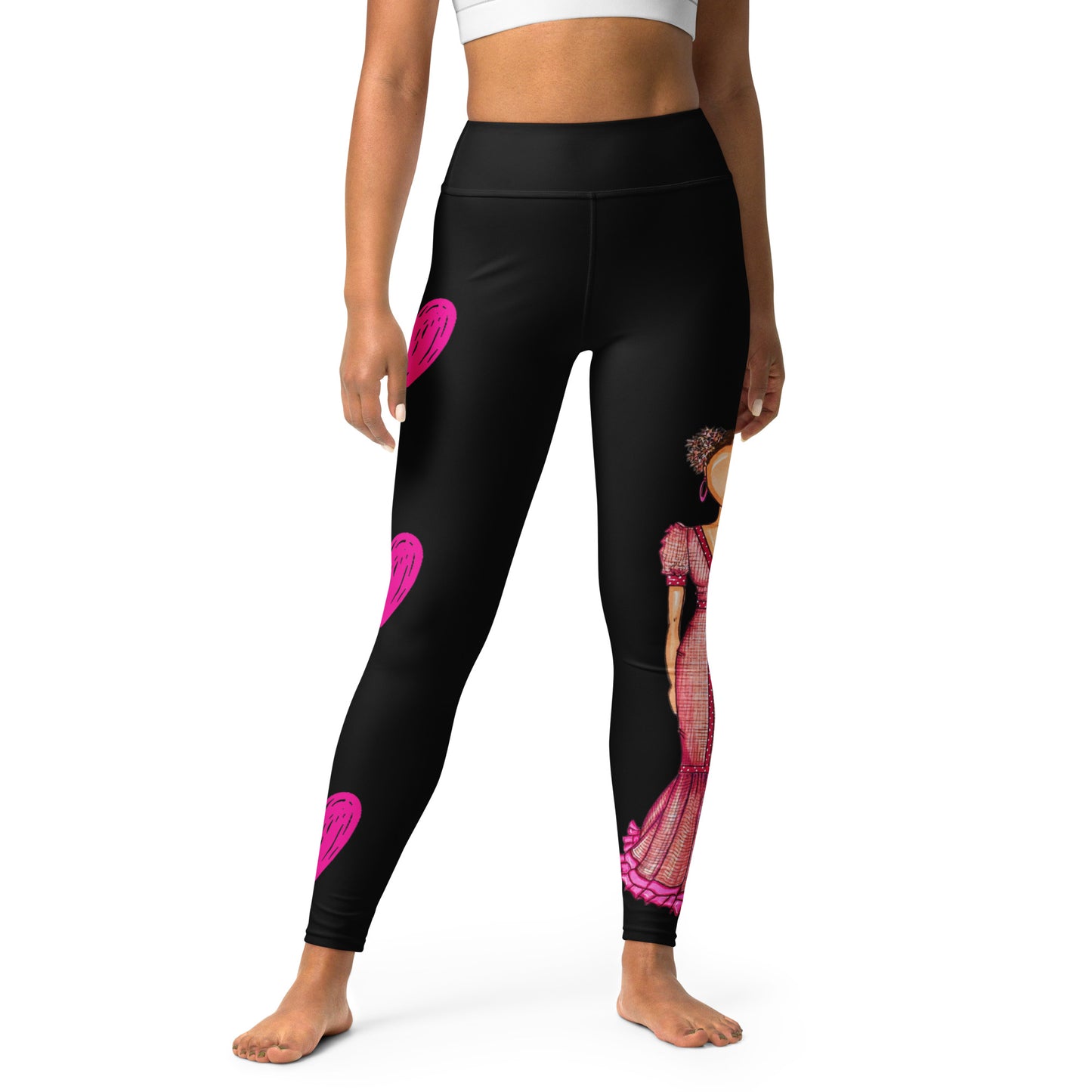 Flamenco Dancer Leggings, black high waisted yoga leggings with a pink dress and pink hearts design - IllustrArte