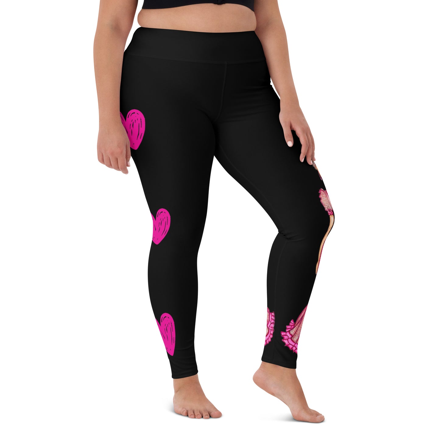 Flamenco Dancer Leggings, black high waisted yoga leggings with a pink dress and pink hearts design - IllustrArte