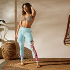 Flamenco Dancer Leggings, green gingham check high waisted yoga leggings with a pink dress design - IllustrArte