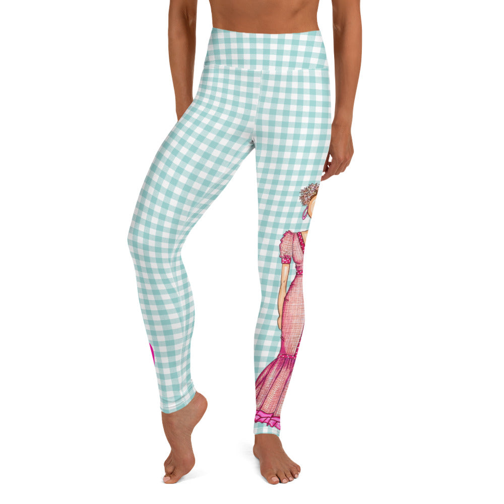 Flamenco Dancer Leggings, green gingham check high waisted yoga leggings with a pink dress design - IllustrArte