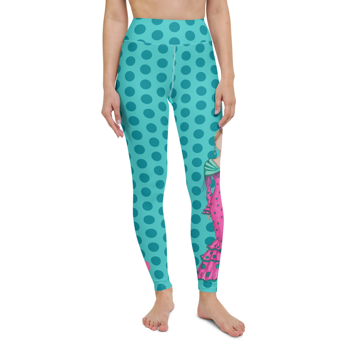 Flamenco Dancer Leggings, turquoise with green polka dots high waisted yoga leggings with a pink dress and green shawl - IllustrArte