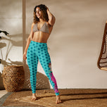 Flamencotänzerin-Leggings, türkise Yoga-Leggings mit grünen Punkten und hohem Bund, Motiv mit rosa Kleid und grünem Schultertuch – illustrArte