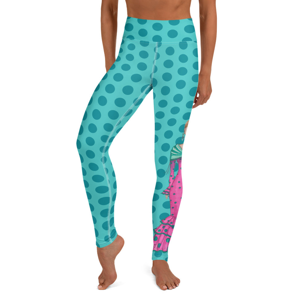 Flamenco Dancer Leggings, turquoise with green polka dots high waisted yoga leggings with a pink dress and green shawl - IllustrArte