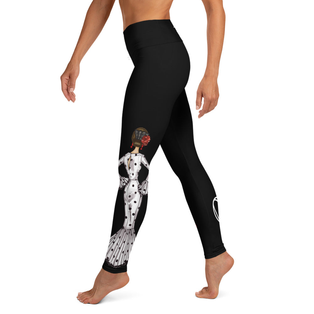 Flamenco Dancer Leggings, black high waisted yoga leggings with a flamenco dancer in a white dress. - IllustrArte