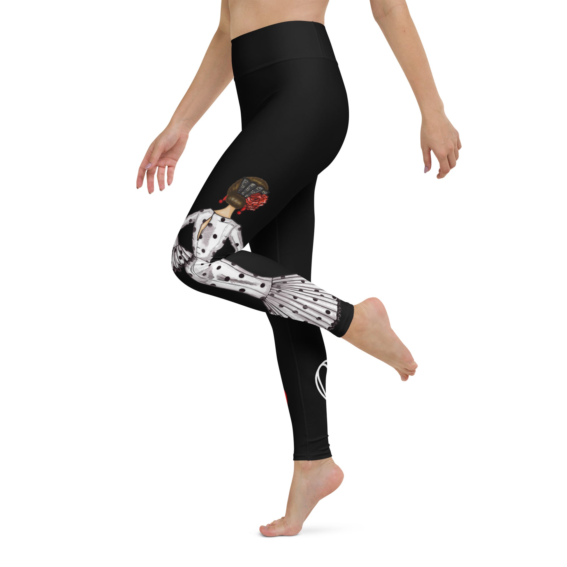 Flamenco Dancer Leggings, black high waisted yoga leggings with a flamenco dancer in a white dress. - IllustrArte