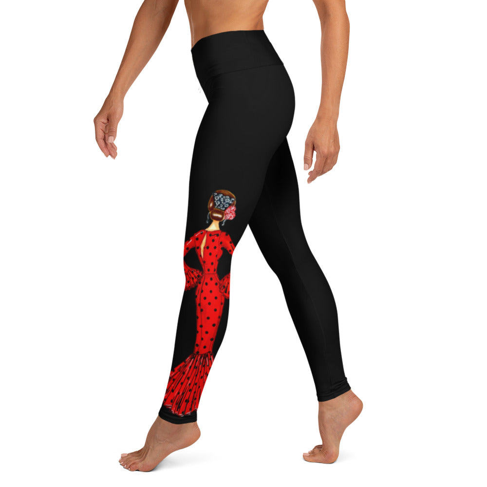 Flamenco Dancer Leggings, black high waisted yoga leggings with brunette dancer in a red dress and red heart design - IllustrArte