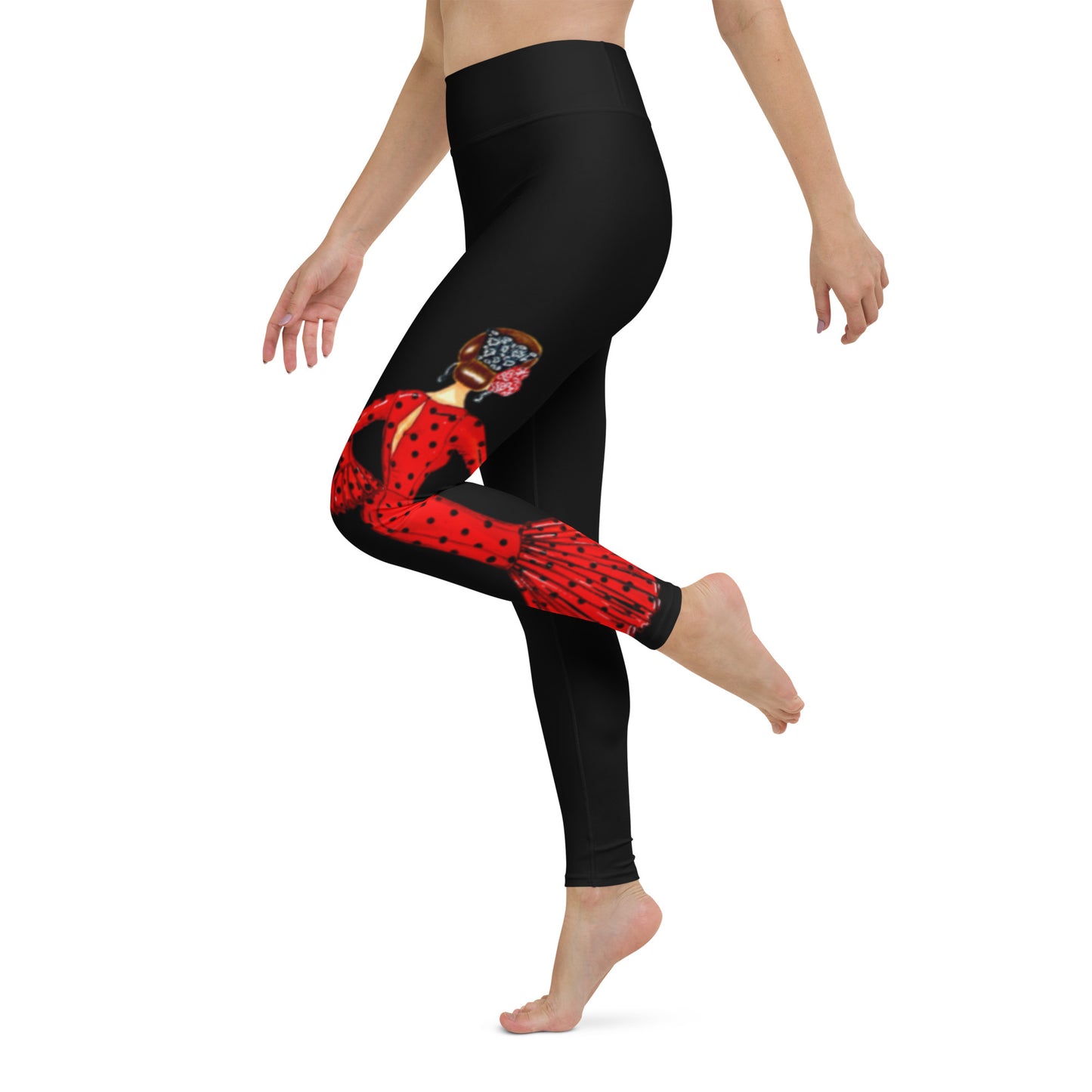 Flamenco Dancer Leggings, black high waisted yoga leggings with brunette dancer in a red dress and red heart design - IllustrArte