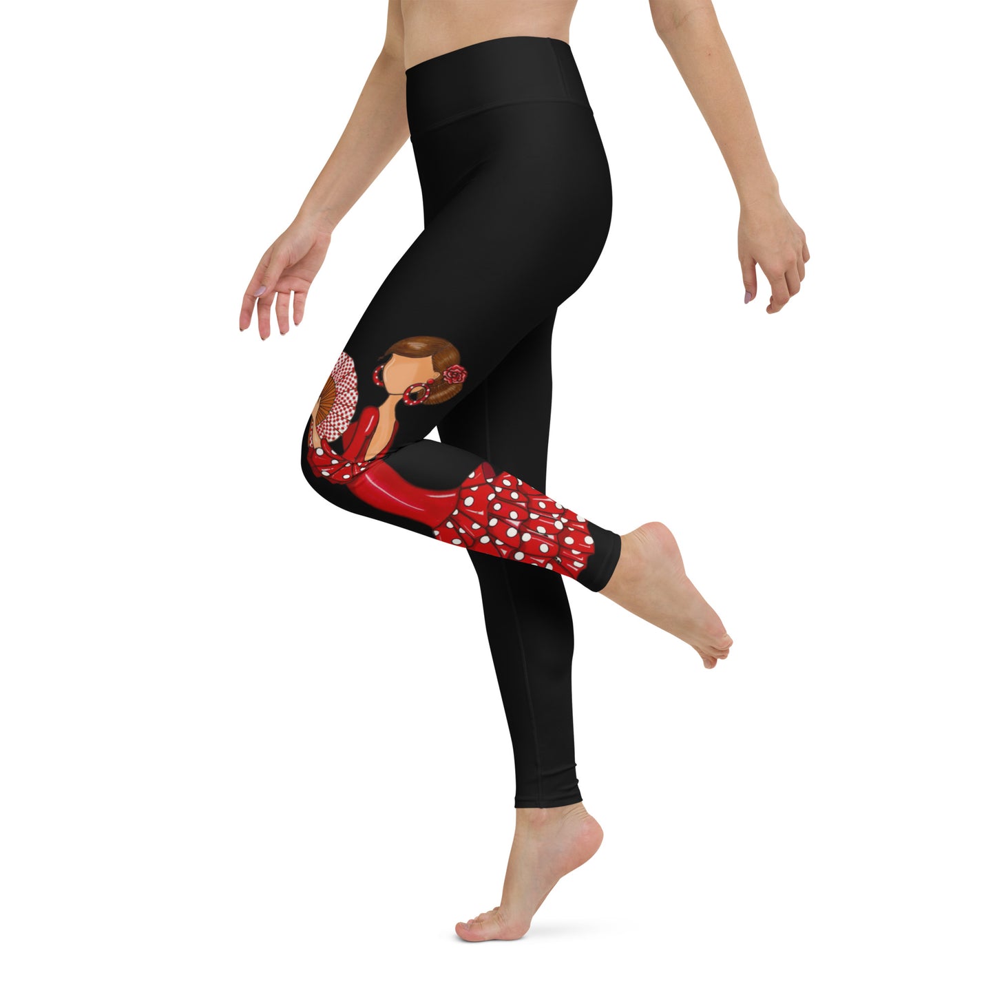 Flamenco Dancer Leggings, black high waisted yoga leggings with a red dress and a hand fan design - IllustrArte