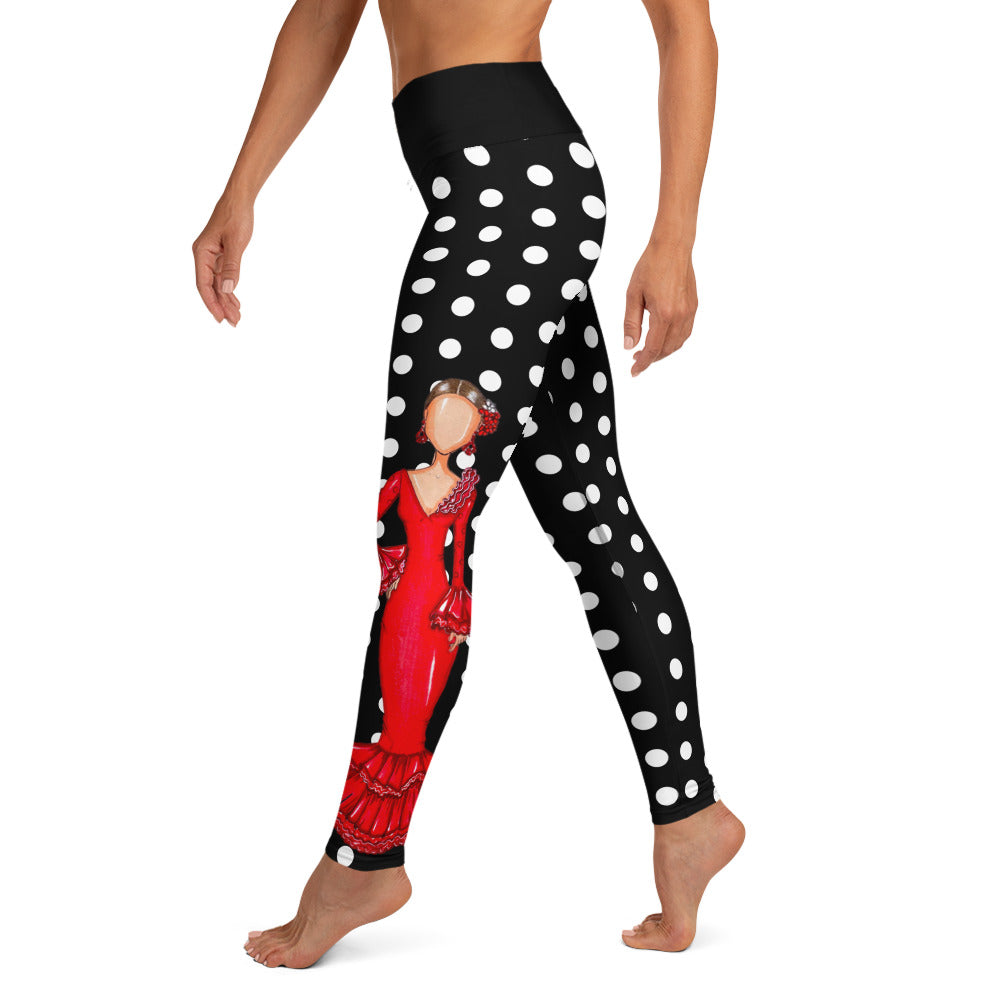 Flamenco Dancer Leggings, black with white polka dots high waisted yoga leggings with a red dress design - IllustrArte