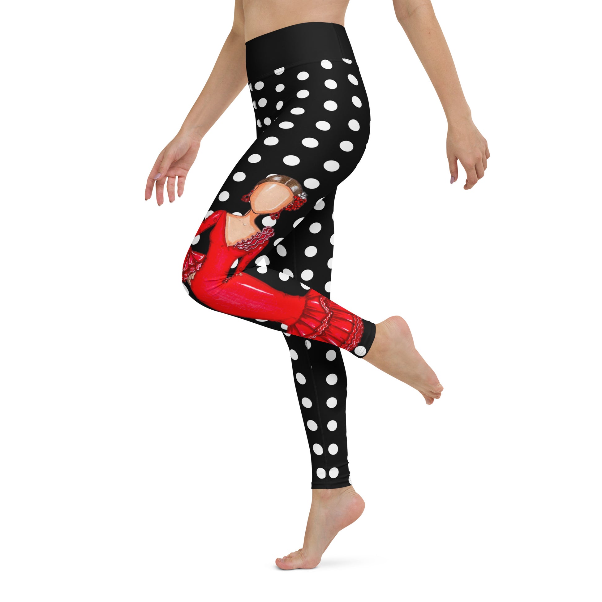 Flamenco Dancer Leggings, black with white polka dots high waisted yoga leggings with a red dress design - IllustrArte