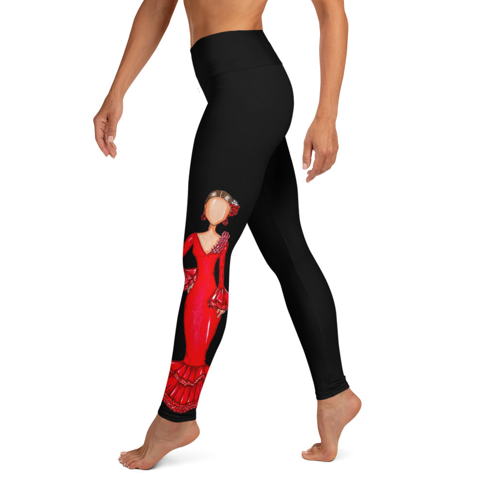 Flamenco Dancer Leggings, black high waisted yoga leggings with a red dress design - IllustrArte