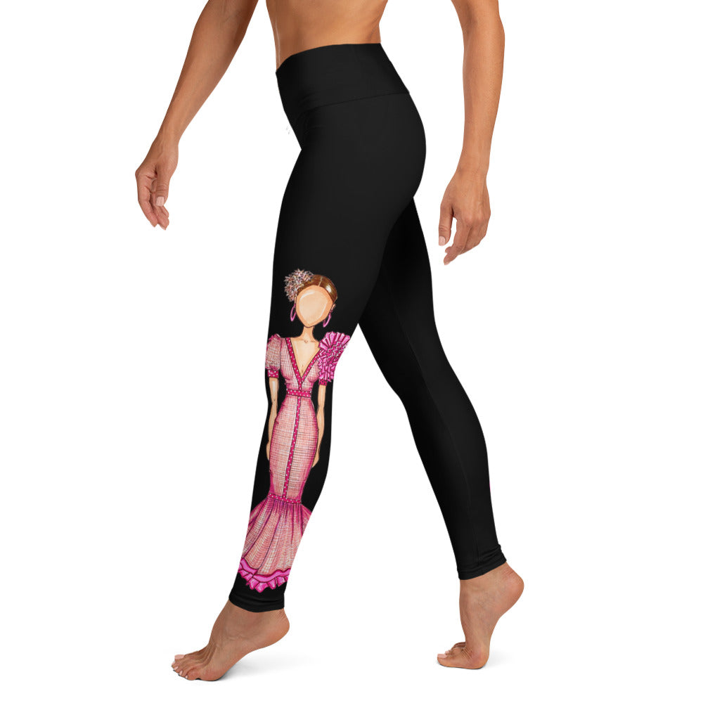 Flamenco Dancer Leggings, black high waisted yoga leggings with a pink dress and pink hearts design - IllustrArte