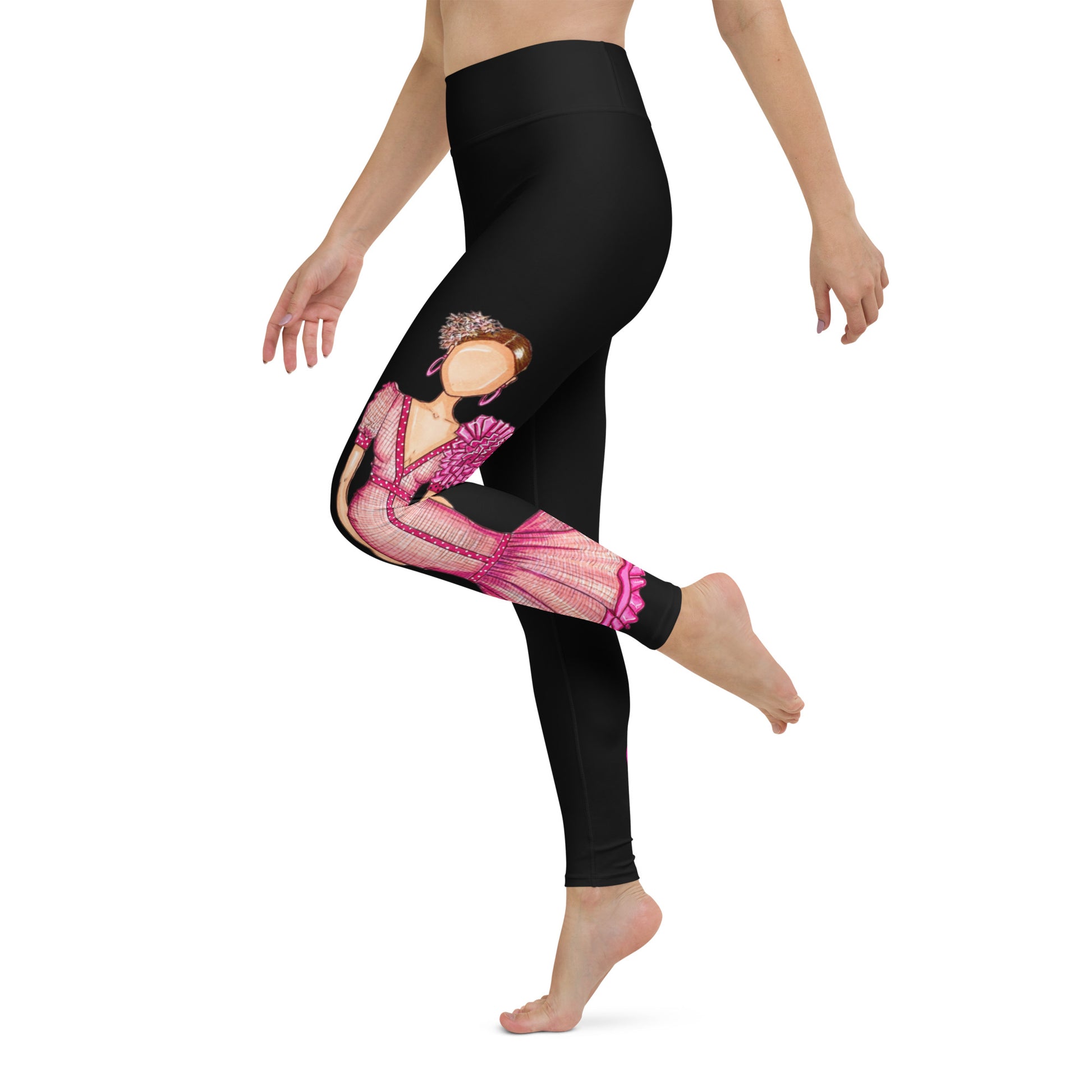 Flamenco Dancer Leggings, black high waisted yoga leggings with a pink dress and pink hearts design - IllustrArte