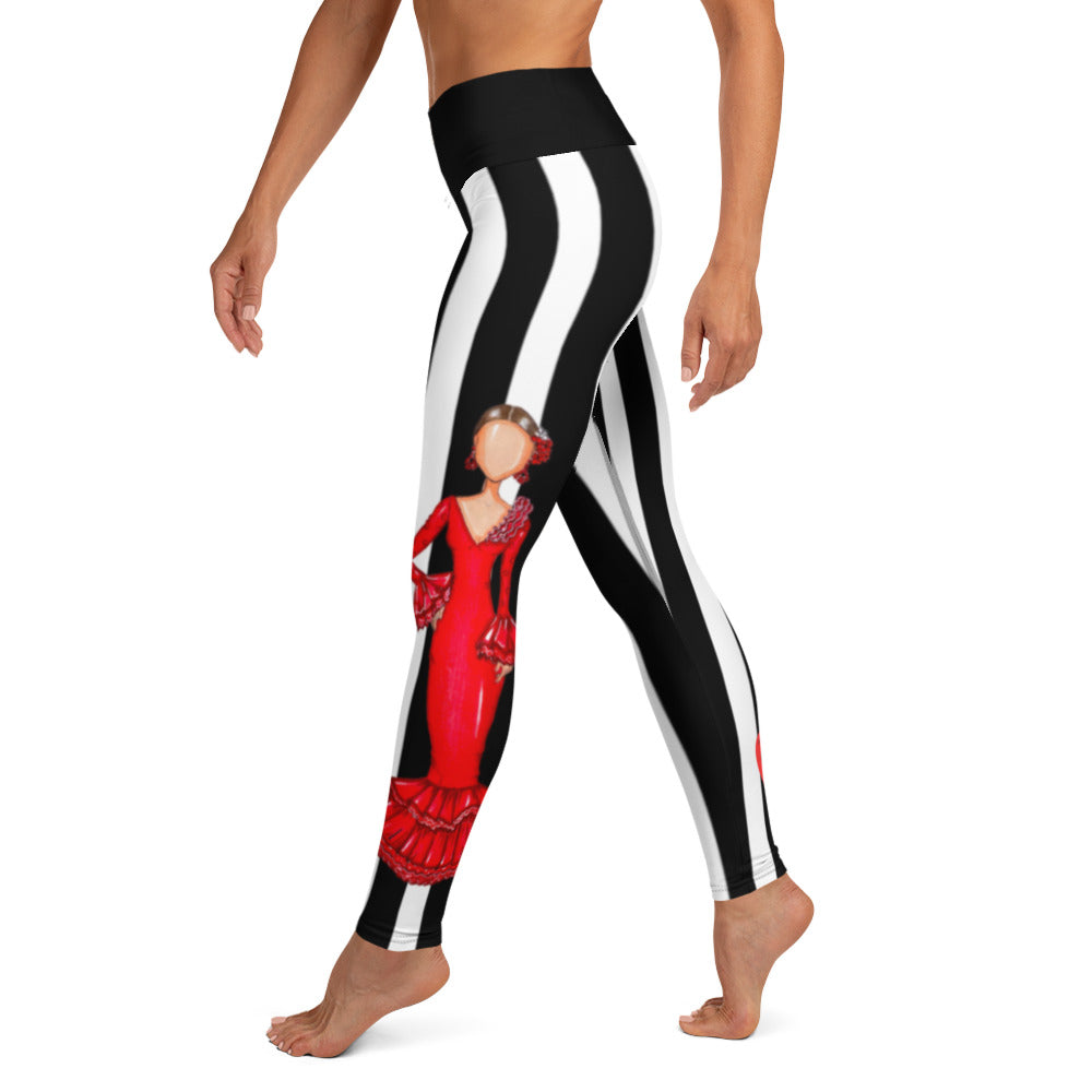 Flamenco Dancer Leggings, black and white striped high waisted yoga leggings with a red dress design - IllustrArte