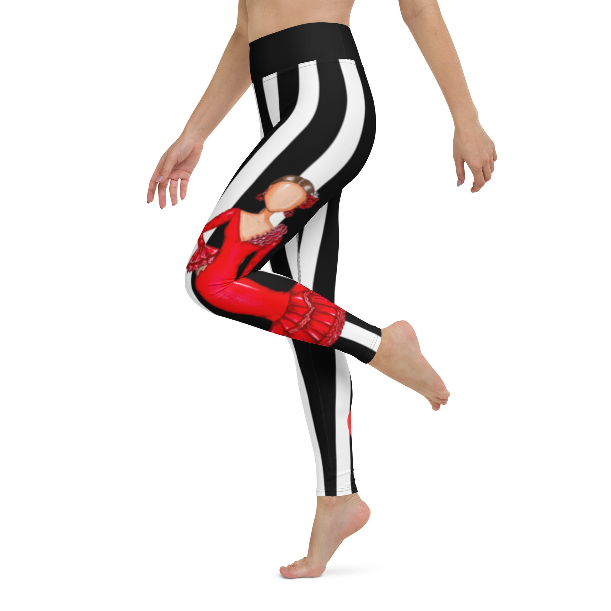 Flamenco Dancer Leggings, black and white striped high waisted yoga leggings with a red dress design - IllustrArte