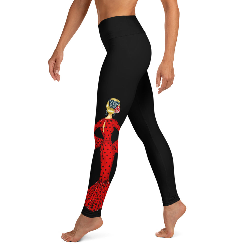 Flamenco Dancer Leggings, black high waisted yoga leggings with a red dress and red heart design - IllustrArte